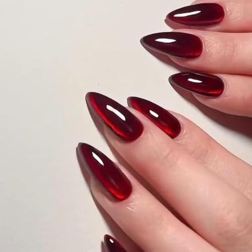 DMQ Red Cat Eye Press on Nails, 30Pcs Dark Red Glitter False Nails Stiletto, Sparkly Shiny Soft Gel Fake Nails, Burgundy Goth Bling Stick on Nails with Glue for Women Holiday Decoration