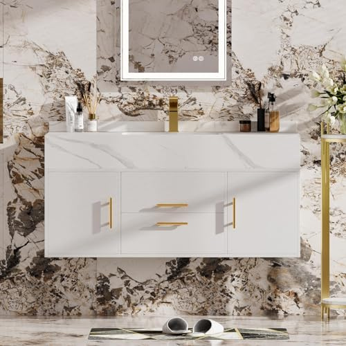 Homary 100CM Bathroom Vanity Unit with Basin – White Modern Wall Hung Floating Vanity Unit with Sintered Stone Top, Undermount Ceramic Sink & Soft-Close Drawers for Contemporary Bathrooms