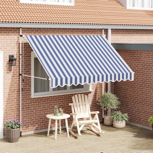 Décoration de balcon, store rétractable à la main, 300 cm, rayé bleu/blanc, parasol de balcon, parasol de balcon pour fenêtre, terrasse, balcon
