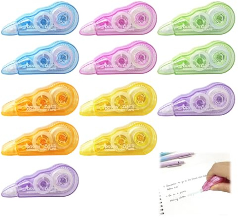 12 PCS Rubans Correcteurs Mini, Bande de Correction Tape 4 m x 5 mm, Rouleaux de Correcteurs Souris, idéal pour l’École, le Bureau et les Projets DIY, en 6 Couleurs Attrayantes, correcteur blanc