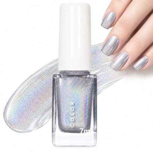 Holographic Nail Polish, Silver Nail Polish, Quick Dry Iridescent Glitter - Rainbow Shimmer Nail Varnish, Oil-Based No Lamp Needed - 7ml Silver Polish for Party, Festival & Daily Manicure