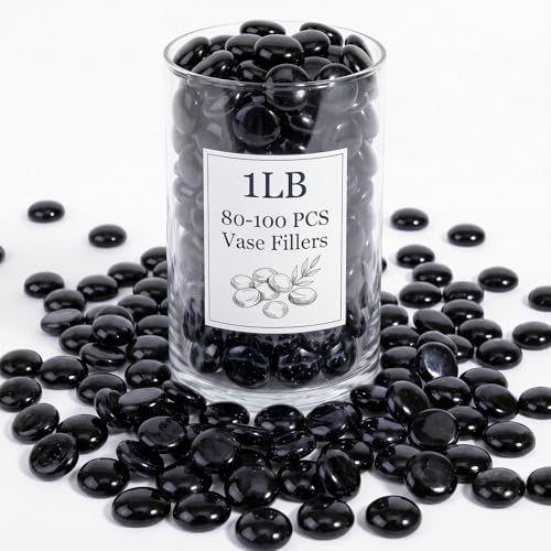 WOHSEROM Perles en verre noires de 0,5 kg, billes de verre plates de 1,5 à 2 cm pour remplissage de vase, pierres d'aquarium, pierres décoratives noires pour centres de table modernes et loisirs