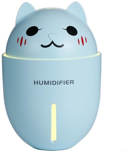 ZiStarlilife Luftbefeuchter mit niedlicher Katze, USB-Desktop-Luftbefeuchter mit Nachtlicht, leiser Betrieb, 320 ml Tank, verstellbare Nebelmodi für Schlafzimmer, Büro, Reisen, Weiß (blau), 1 Stück