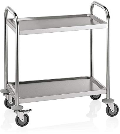WAS 1950 004 Edelstahl Servierwagen, 4 Schwenkbare Rollen mit Rammschutz, 2 Borde, 46.0cm Abstand, 71cm Länge, 41cm Breite, 84cm Höhe