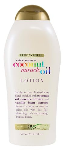 OGX Extra Creamy + Coconut Miracle Oil Ultra Moisture Body Lotion mit Vanilleschote, schnell einziehende Körperlotion für alle Hauttypen, parabenfrei und sulfatfrei - frei von Nährstoffen, 552.8 g