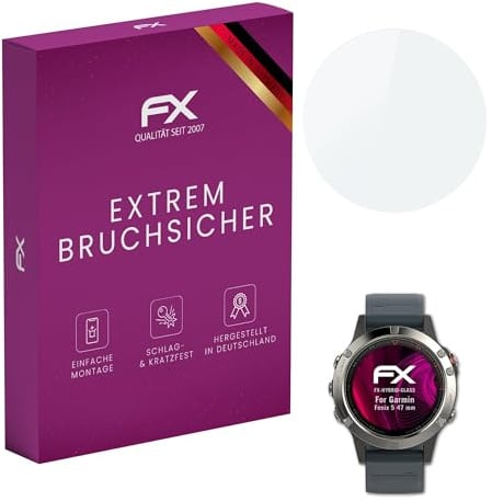 atFoliX Glasfolie kompatibel mit Garmin Fenix 5 47 mm Displayfolie, 9H Hybrid-Glass FX Schutzpanzer Folie