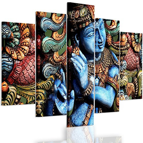 Feeby. Leinwandbild - 5 Teile - Bilder, Wand Bild, Wandbilder, Kunstdruck XXL, 5-Teilig, Typ A, 200x100 cm, STATUE, BUDDHA, ZEN, INDIEN, ORIENTAL, MULTICOLOR