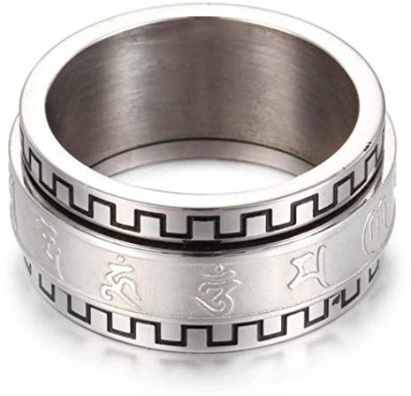 PAURO Herren Edelstahl Buddhismus tibetischen Mantra Spinner Ring 10mm Wide Band Jahrgang Om Mani Padme Hum Gebet Schmuck Silber Größe 60