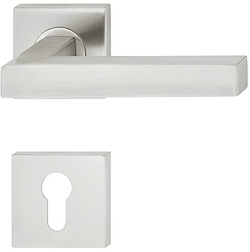 JUVA Design Drückergarnitur Edelstahl | 1 Stück Türbeschlag eckig Türgriff auf Rosette für Zimmertüren - LDH 2166 | PZ-Zylinder | Edelstahl matt gebürstet | Türdrücker-Garnitur mit Knopf