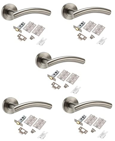Golden Grace 5 Set's Door Handle Pack Internal C/w Latch Heavy Duty Ball Bearing Hinges Arched T-Bar Lever on Rose Furniture Stainless Steel