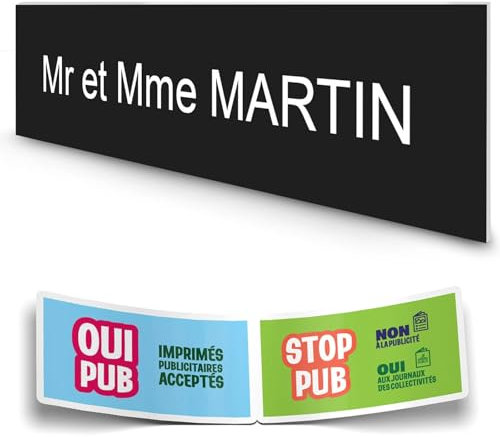 DECOHO - Plaque boite aux lettres personnalisée adhésive - plastique noir lettres blanches - 100x25 mm, 1 ligne, stickers Stop Pub offert - Noir