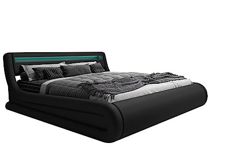 MB Muebles Bonitos, Cama de Matrimonio Rodas para Colchón de 150x190 cm, Luz LED, Canapé Abatible, Somier de Láminas, Estructura de Madera tapizada en Polipiel, Color Negro