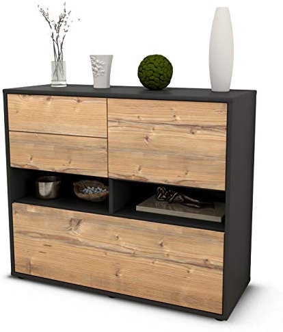 Stil.Zeit Sideboard Cornelia, Korpus anthrazit matt, Front Holz-Design Pinie (92x79x35cm) Push-to-Open Technik & Leichtlaufschienen