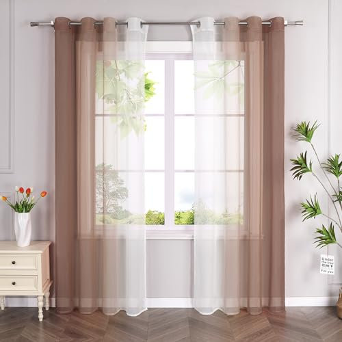 HeichkelL 2er-Set Voile Gardinen mit Ösen Farbverlauf Vorhänge Transparente Ösen Gardinenschals Verlaufenfarbige Fensterstores Braun BxH 140x225cm 2 Stück