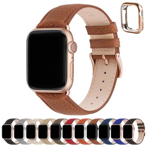 Fullmosa Cinturino Apple Watch Ultra 2 45mm/44mm/42mm/49mm, LichiBosin Cinturini in Pelle per Apple Watch Serie 9 8 7 6 5, Apple watch SE 2/ SE, Per Uomo e Donna, Marrone + Fibbia Oro Rosa