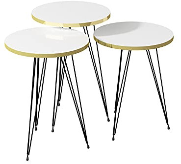moebel17 Beistelltisch 3er Set rund - Kaffeetisch Sofatisch Satztisch Holz Metallgestell, Wohnzimmertisch Kaffee Tisch, Weiß, Schwarze Füße, 38 cm Durchmesser, Höhe 46, 49 und 52 cm 21256290 6290