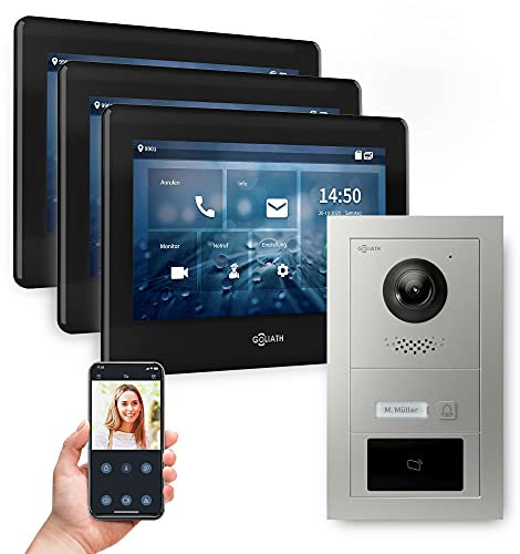 Goliath Hybrid | 2-Draht Bus | Full-HD Video Türsprechanlage | App | 1-Fam | 3 x Full-Touchscreen 7 | Aluminium Unterputz Türstation | + RFID | 180° Ultra-Weitwinkel | AV-BUS-523