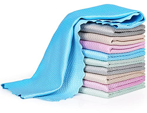 Bigqin 10 Pieces Cleaning Cloth, Fish Scale Microfiber Cloth Surface No Residue Fabric for Kitchen Glass Products Car Window Cleaning, Eco Reusable Towel, Green/Gray/Beige/Sky Blue/Purple