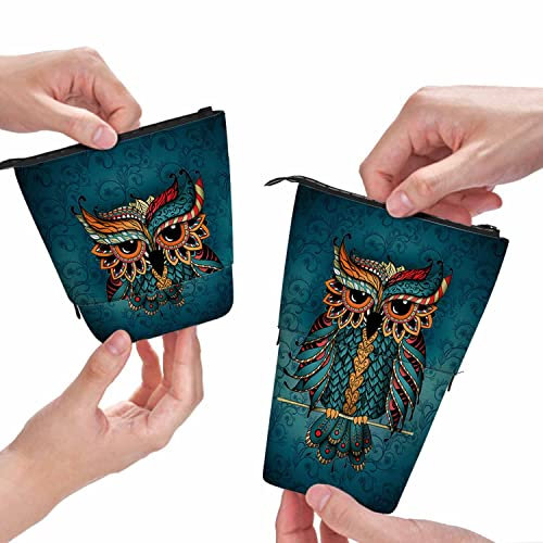 Swono Eulen-Federmäppchen, Organizer, ethnischer Zentangl-Stil, Steh-Federmäppchen, Stiftehalter, Kosmetiktasche für Damen und Herren, Blau / Orange