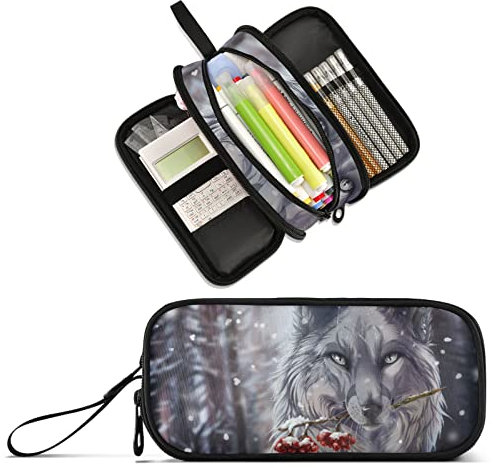 XUWU Wolf Federmäppchen mit großem Fassungsvermögen, Federmäppchen, Büro, Schule, große Aufbewahrung, Stiftetasche, 3 Fächer, Stiftebox für Erwachsene, Schule, Teenager, Mädchen, Jungen, Männer