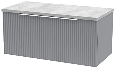 Hudson Reed DFF296LBG Fluted Modern Bathroom Wall Hung 1 Drawer Vanity Unit with Bellato Grey Laminate Worktop, 800mm, Satin Grey