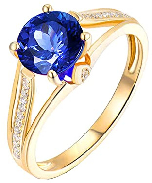 Tansanit Ring Gold, Ring Damen aus 18 Karat Gelbgold mit 1.3ct Runder Tansanit, Größe 62 (19.7)