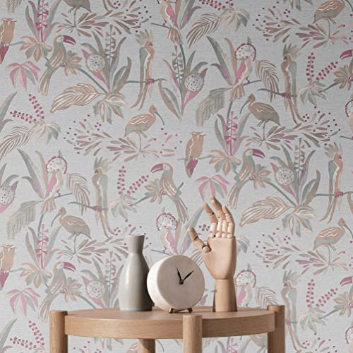 Livingwalls Vogeltapete Grau Rot House of Turnowsky 388981 - Dschungeltapete Vliestapete - 10,05 m x 0,53 m Made in Germany