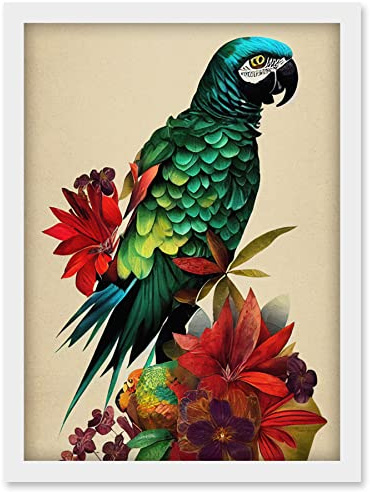 Doppelganger33 LTD Exotic Flowers And Feathers Macaw Parrot And Jungle Blooms Artwork Framed Wall Art Print A4