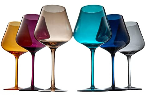 Jewel Lot de 6 verres à vin en cristal coloré - Cadeau pour mère, elle, épouse, amie - Couleurs d'hiver et d'automne - Verres de 590 ml - Style italien - Rouge et blanc - Pour dîner