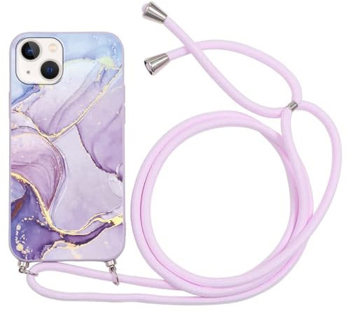 ZhuoFan Handykette Handyhülle für iPhone 13/iPhone 14 Hülle mit Band,Aesthetic Marmor Muster Verstellbarer Halskette mit Kordel zum umhängen, Violett Stoßfest Schutzhülle mit Kette Cover,Marble Case