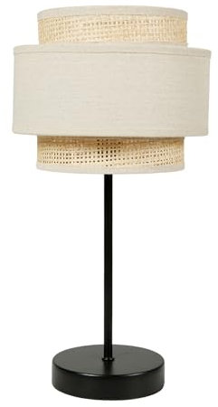Ostaria 35515 Lampe à poser sur Pied Métal + Abat-Jour 3 niveaux bi-matière Papier Effet Rotin et tissu Beige - Douille à vis E27 - Dimensions (D x H) : 20 x 38 cm