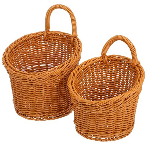 ABOOFAN 2pcs Hanging Storage Baskets Small Wicker Wall Basket with Handle Fruit Vegetable Storage Basket for Kitchen Living Room and Porch