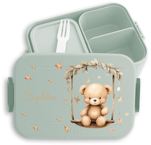 Bento Box Midi für Mepal Bentobox - Kinder Brotdose mit Bär Kinder Lunchbox Bären Motiv Bären Snackbox Schule I - 900 ml - Sage Grün - kindergarten geschenke einschulung bear snackdose