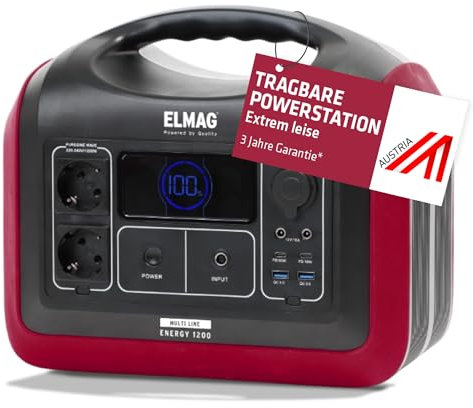 ELMAG Tragbare Powerstation ENERGY 1200 – 992Wh Solargenerator mit LiFePO4 Akku – Mobiler Stromspeicher mit 230V/1200W (Spitze 3600W), 230V AC/12V KFZ/USB – Ideal für Reisen, Camping & Notstrom