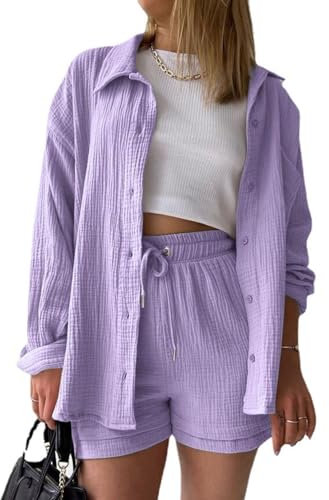 MSIYOW Tuta Donna Camicia a Maniche Lunghe e Pantaloncini in Lino Completo Donna Casual Y2K Set di 2 Pezzi Primavera Autunno (L, Viola chiaro)