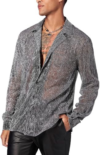 COOLOYA Men's Sheer See Through Mesh Glitter Button Front Long Sleeve Shirt Tops, Silver, L