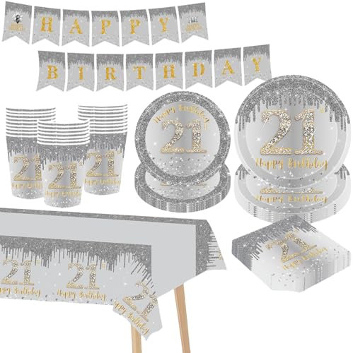 Silver Happy 21st Birthday Party Tableware Set,69pcs Silver Party Disposable Dinnerware 21st Birthday Party Paper Plates Cups Napkins and Tablecloth for Women Men Birthday Party Supplies Table Decor