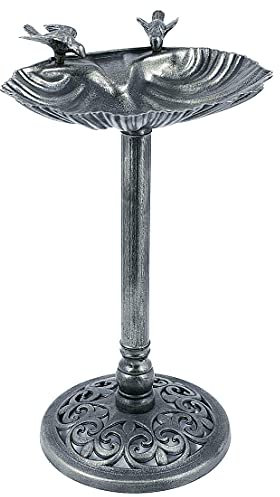 MACOSA NO55159 Vogeltränke Kunststoff Antikgrau 80 cm mit Dekovögel Vintage Vogelbad Grau Futterschale Vogelbecken Wasserbad Wildvogeltränke Landhausstil Trinkstation