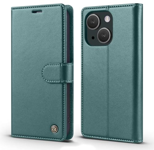 LOLFZ Wallet Case for iPhone 13 (6.1), Magnetic Flip Case RFID Blocking Card Slots Kickstand Premium PU Leather Protective Phone Cover for iPhone 13 - Green