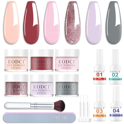 EODCI Dipping Powder Nails Set, 12Pcs Dip Pulver Nagel Starter Kit 6 Farben Rosa French Nagelpuder Set mit Aktivator Base Top Coat für Nails Art Maniküre DIY Salon