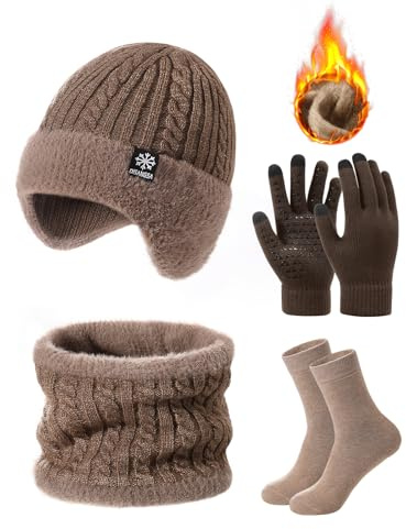 Voqeen Mens Winter Hat Scarf Gloves Set 4PCS Fleece Lined Thermal Knitted Cold Weather Sets Unisex Beanie Hat with Earmuffs Circle Neck Warmer Touchscreen Gloves Socks Warm Gifts Sets Outdoor Sports