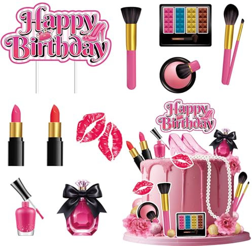 Vezerd Tortendeko Geburtstag, 11 Stück Make-up Kuchen Deko Tortenaufleger, Kosmetikum Thema Happy Birthday Muffin Torten deko für Mädchen, Cake Decoration Topper für Brautpartys/Kindergeburtstage