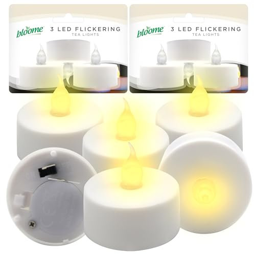 SOL 6pk LED Flickering Tea Lights, White Flameless Candles, Battery Operated with CR2032 Included, Artificial Tealight, Safe and Durable, Perfect for Indoor and Outdoor Ambience Lighting