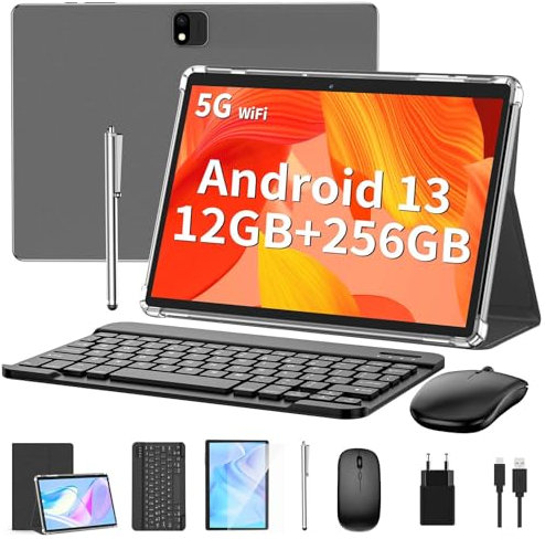 QDDQ Android Tablet,10 Zoll Tablet Android 14 mit Tastatur, 256GB ROM+1TB TF, Octa-Core, 8000mAh, 2.4G/5G WiFi, 13MP+5MP Kamera, 2 in 1 mit Tastatur Tasche, Maus, Stylus (Schwarz)