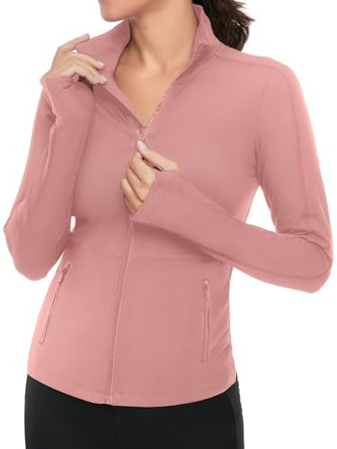 VUTRU Veste de course à col haut pour femme, légère, à manches longues, pour le yoga, le fitness, veste de survêtement respirante avec trous pour les pouces et fermeture éclair intégrale, rose clair