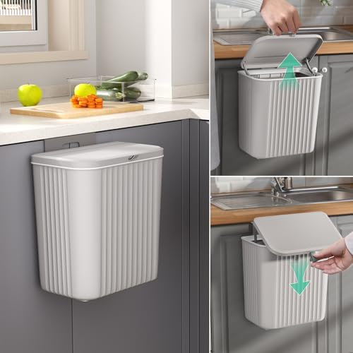 Warmiehomy Kitchen Bin Hanging Trash Can with Lid Wall-mounted Waste Bin for Kitchen Cabinet Door Under Sink Compost Bins with Sliding Cover for Cupboard, Bathroom
