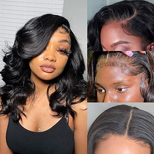 TOOCCI Body Wave Echthaar Perücke, 4x4 Lace Front Perücke Brasilien Remy Haar Echthaar Perücke Schwarz Body Wave Wig für Damen 150% Dichte 16 Zoll