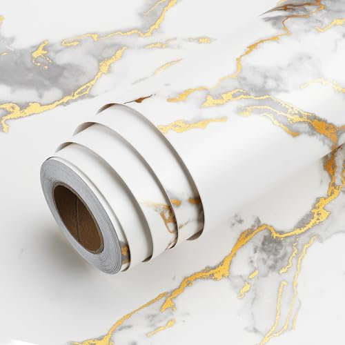 LaCheery Folie für Möbel Marmor Weiß 40cm x 700cm Selbstklebende Tapete Klebefolie Wasserfest für Küche Arbeitsplatte Wohnzimmer Schlafzimmer Vitrinen Wände Kontaktpapier Gold Marmortapete