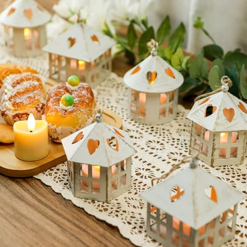 TRIROCKS 6 Stück Kerzenlaternen Mini-Laterne mit flackernden LED-Kerze, 10cm hoch kleine Laternen mit Batterie Teelichter, Garten Laterne für Weihnachten Hochzeit Dekoration Tischplatte (Creme)