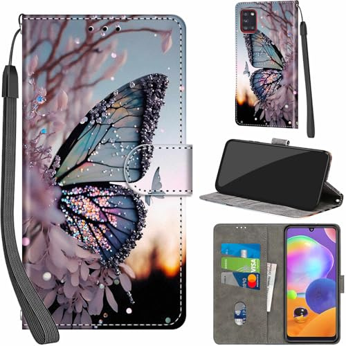 Handyhülle für Samsung Galaxy A31 Klapphülle Leder Wallet Schmetterling | 3 Kartenfächer & 1 Geldfach, Magnetverschluss, Ständerfunktion, robuste premium PU leder klapphülle für Samsung A31